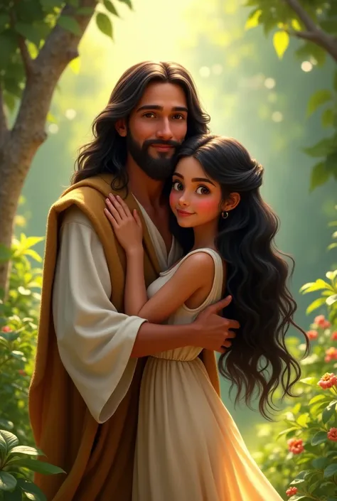 Disney Pixar style poster of Jesus of Nazareth hugging a 2 girl with long wavy black hair, Dark brown eyes and a mole near the left eye and has a loose soft dress in a place similar to the Garden of Eden
