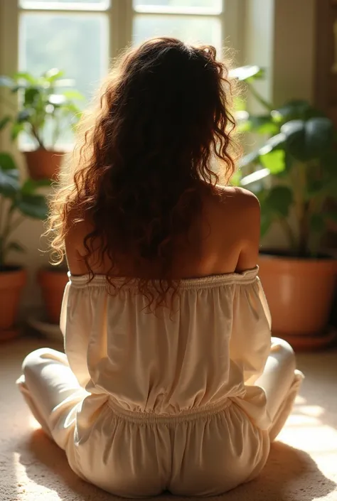 (photorealism:1.2), beautiful woman, sitting on back with long hair just see back side , wearing loose off-shoulder top, pajama pants, long curly hair, indoors, soft lighting, plants in background, window with sunlight, cozy room, relaxed pose, realistic, ...