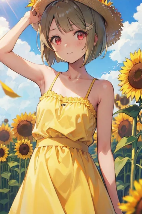 tanned hair，bobcut，short hair，ワンレングスbobcut，asymmetrical hairstyles，long left hair，red eye，nakasu kasumi，yellow camisole dress，su...