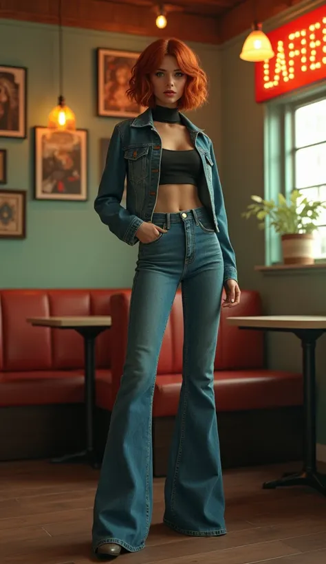  plain vintage aesthetics, plain vintage, diva, flared jeans, tight denim jacket, turtleneck, in cafe, artistic posing, vintage tarot, copper-red bob-cut, ultra long legs, standing, heels