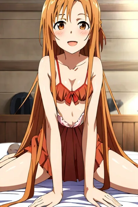 ((Highest quality)), ((masterpiece)), (be familiar with), Perfect Face, indoor, Bedroom, Watching the audience,
One woman, Yuuki Asuna,
Open Mouth, Ecstatic expression, blush, smile,
Small breasts, Flat Chest, , , child, Girl,
Long Hair, Long Hair,
Leg spr...