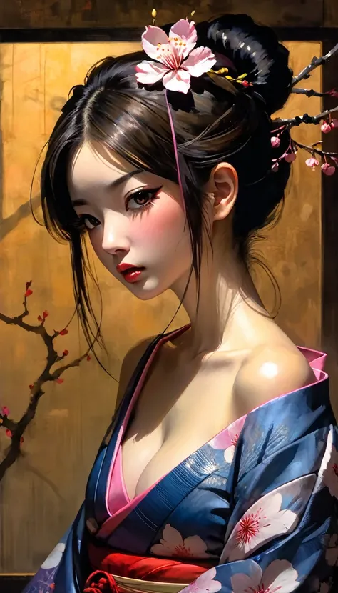 score_9, score_8_up, score_7_up, score_6_up, score_5_up, score_4_up, sexy asian girl, 1girl, japanese geisha, updo, looking at viewer, small pink nipples, large breasts, 20 years old, face close up, half body portrait, big brown eyes, nihongami, modest, se...