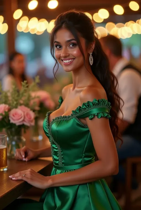 Realistic upper body portrait of a young indian woman aged 23 with long hair, ponytail, smile. She poses in front of the camera in a short greem off shoulder Satindirndl with a satin apron..., oktoberfest,glamour fotoshooting, Wedding celebration, perfect ...