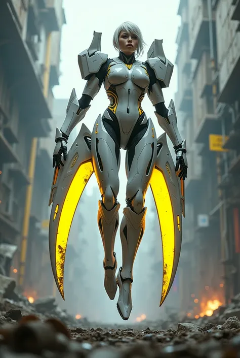 Low angle and fisheye lens. White matte with yellow neon accent mecha warframe lady. The mecha marked by scratch and damage of battle. Standing confidently as she ready to battle stance. Floating in mid air prominent a pair of huge mecha curved schyte-like...