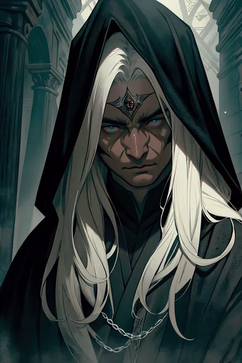 a closeup of mysterious man 3, cloaked in a deep dark modern hood face half hidden, 1 male portrait, noble elf male in black robes, gotham setting,ancient and mysterious background, realistic, spiritual, dark, best quality, masterpiece, depth of field