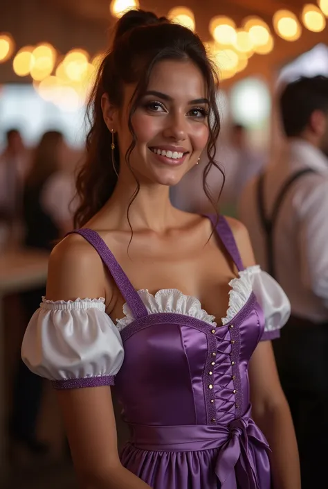 Realistic upper body portrait of a young arabian woman aged 23 with long hair, ponytail, smile. She poses in front of the camera in a short purple off shoulder Satindirndl with a satin apron..., oktoberfest,glamour fotoshooting, Wedding celebration, perfec...