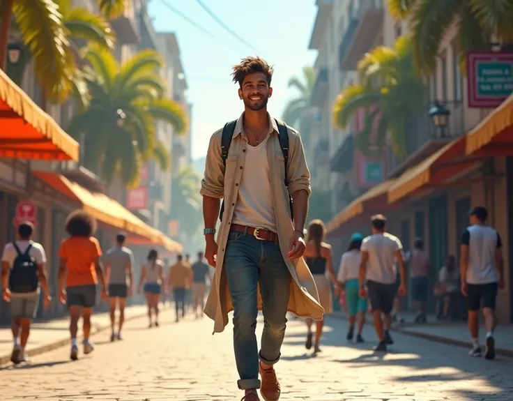 A sunny morning in the city, with João walking through the busy streets. He now carries an expression of serenity and confidence.. Around her, there are people coming and going, but John is focused on his walk, with shining eyes. The atmosphere is vibrant,...