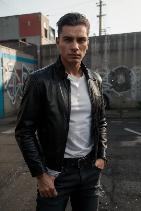 A man with a confident stance and short, slicked-back hair, wearing a black leather jacket that hugs his frame. He pairs it with a fitted white t-shirt and dark jeans, standing against a gritty urban backdrop with graffiti art. His expression is intense ye...