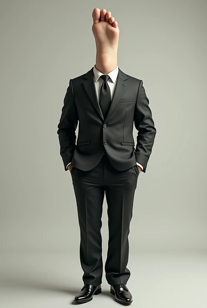 An image where a foot is in place of a head wearing a suit