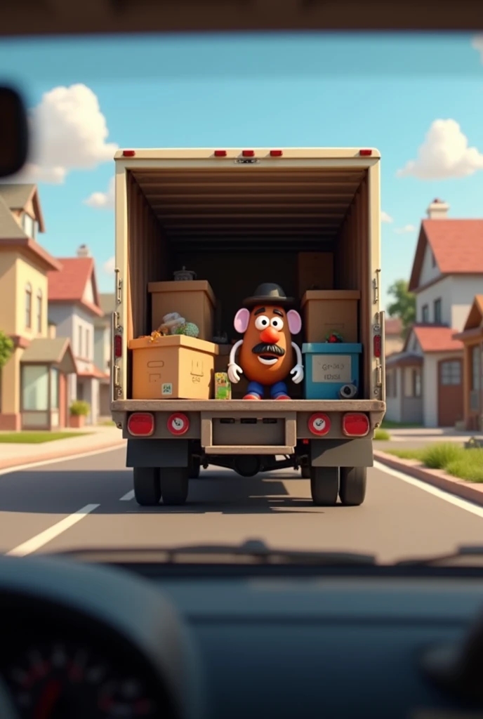 truck backwards without the rear door from the point of view of a more distant car. Inside the truck you can see moving boxes and toys. o Wodd e o Buz do toy story e o sr. potato head looking from inside the path