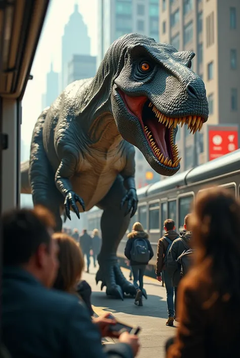 Tyrannosaurus Rex traveling on public transport 