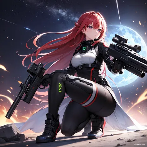 A futuristic sniper hunter in the middle of the vast and dark space, inspired by the game **Super Sus**. She wears a high-tech black robe, Just against the body, with strategic cuts that reveal part of the skin on the sides and thighs. O traje, equipped wi...