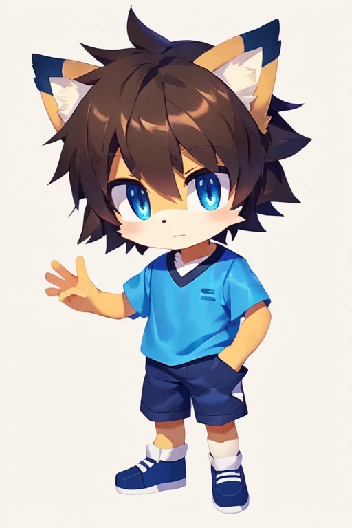 anime character drawing of a boy with a blue shirt and blue shorts, anime moe artstyle, in an anime style, cute art style, realistic anime art style, anime art style, in anime style, flat anime style shading, realistic anime 3 d style, clean detailed anime...