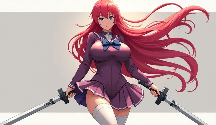 A woman with long, straight, loose scarlet hair and light blue eyes, She has very big breasts and big buttocks too, She always wears an anime-style schoolgirl uniform in dark mauve with white stripes., white collar with a small dark blue bow and large whit...