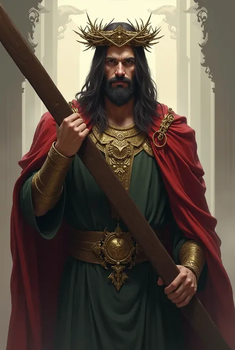 Create a character with the style of the game "Dislyte". He must have a golden crown of thorns on his head, dark brown straight hair and straight beard (dark brown too), wearing a white Greco-Roman outfit with red and gold details, he holds a wooden cross ...