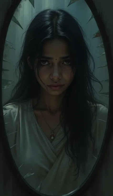 Central image of an Indian woman aged between 26 to 30, looking deeply sad or defeated. Use dark, muted colors in the background, with elements such as a dimly lit room or a broken mirror to symbolize hitting rock bottom. The image should evoke a strong se...