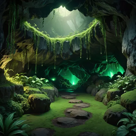 Realistic, hyper realistic, massive dimly lit fantasy cave with lush green vegetation and trees, no humans, dim green glowing, thick green bumpy and grooved tendrils coming from the ground