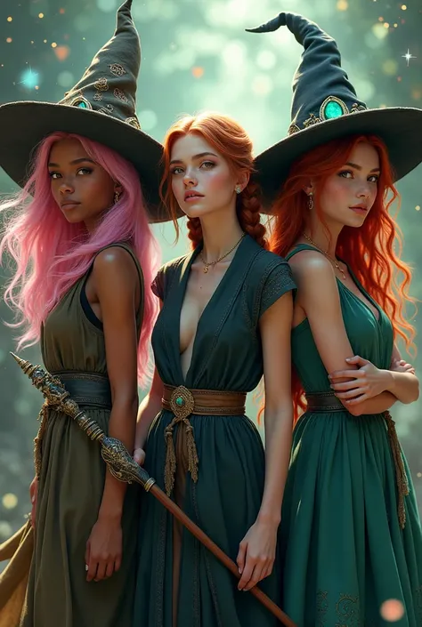 Create a fantasy style image, with three girls in it! And they are witches! One with olive skin tone and long hair, fluttering and pink, your eyes seem to have magic inside them and your clothes are very "feshionista", the other one has a light skin tone, ...