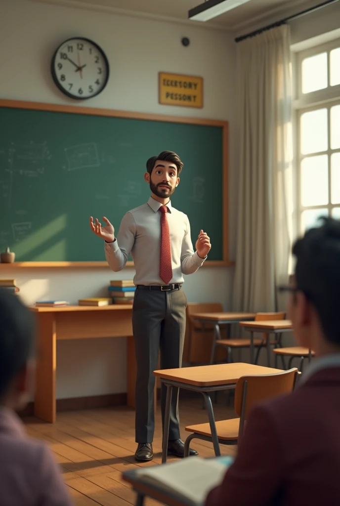 I want a 3d image of a teacher alone in the classroom, pointing out explain a topic