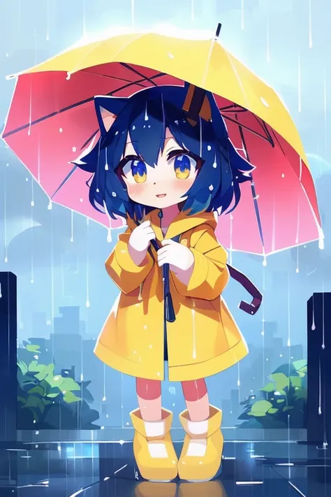 anime girl in yellow raincoat with umbrella and yellow dog, raining!, cute art style, raining!!, in the rain, anime moe artstyle, official fanart, by Yang J, raining!!!, rainy day, artwork in the style of guweiz, cute detailed digital art, kawaii rainy glo...