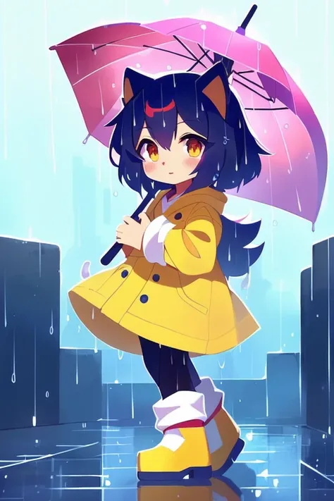 anime girl in yellow raincoat with umbrella and yellow dog, raining!, cute art style, raining!!, in the rain, anime moe artstyle, official fanart, by Yang J, raining!!!, rainy day, artwork in the style of guweiz, cute detailed digital art, kawaii rainy glo...