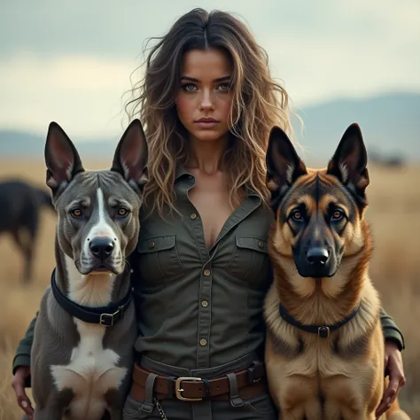 American woman with dark brown hair and blonde highlights with grey/white pitbull and a Belgian Malinois protecting the woman