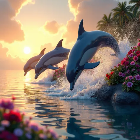 Image of real dolphins jumping at sunset around an island full of flowers