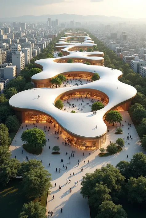 Create a cultural center with cultural spaces ,Its shape is organic and it is a large complex, outdoor , where volume is a game of volumes ,This must be 1 level,This building is located in a city where the neighboring buildings are 2 stories high., You mus...