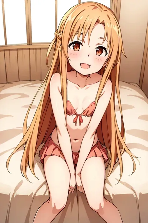 ((Highest quality)), ((masterpiece)), (be familiar with), Perfect Face, indoor, Bedroom, Watching the audience,
One woman, Yuuki Asuna,
Open Mouth, Ecstatic expression, blush, smile,
Small breasts, Flat Chest, , , child, Girl,
Long Hair, Long Hair,
Leg spr...