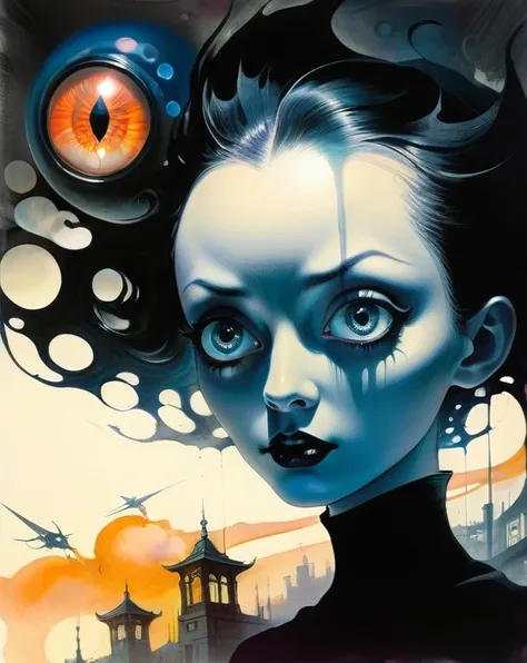 High Resolution, High Quality , Masterpiece .Hyper-realistic ink drawing with surreal colors, elements of absurdity in the style of Ross Tran featuring postal post modern design money aflame as a reference to Roby Dwi Antono, eyeballs, ghost teeth obscurit...