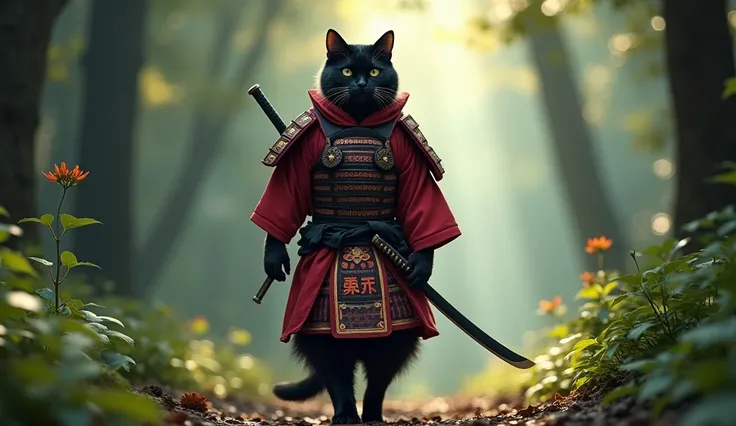 grand un chat noir habiller ensamourai de couleur rouge t noir  katana a la main qui marche dans la foret ,image hyperrealist
