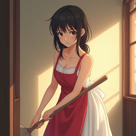 an anime woman, wearing sleeveless white sundress, lace details on sundress, wearing red apron, brooming her house, sleeveless, serious face, evening.