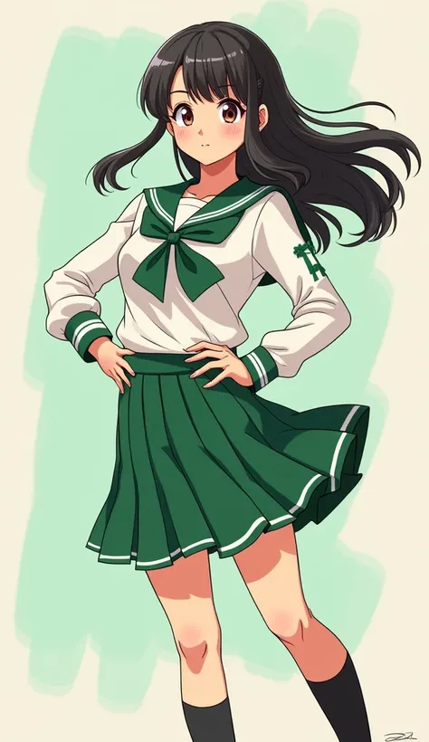 Create an anime-style illustration of a beautiful girl inspired by the style of Dragon Ball Z, wearing a green and white sailor-style school uniform. The girl should have a strong, dynamic pose with an expression that blends both confidence and charm. Her ...