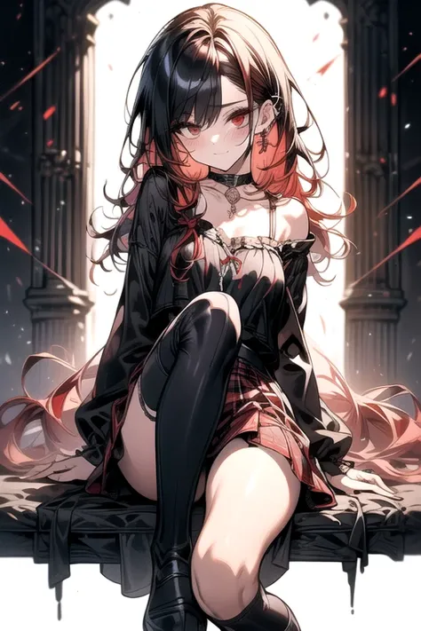 (Highest quality,Precise depiction,Accurate body depiction,Detailed Costume,Precise Background),Beautiful Girl,Beautiful breasts,Very small breasts,Slanted Eyes,(Black Hair:Red hair:1.5),(Gothic Punk:1.5),(camisole,Black jacket,Red checked skirt:1.3),(Red ...