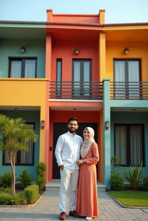 A realistic muslim happy couple in front of their duplex house which is colorful, around small tree and the name plate is - SAFA PALACE...the nameplate must show