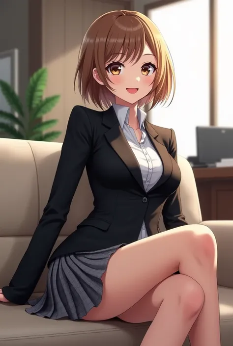 ((masterpiece:1.4))、((office:1.5))、((Japanese high school girl:1.5))、((Girl with short hair, Light brown hair:1.4))、((She is wearing a grey checkered pleated skirt:1.4))、((黒色のタイトなsuitを着ている:1.4))、((Girl sitting on sofa:1.7))、very Sexy Costumes, 厳格なsuitを着ている...