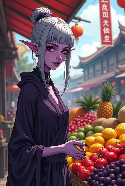 (Ultra-detailed face, looking away, Fantasy Illustration with Gothic, Ukiyo-e, Comic Art, rich tone colors), 
BREAK 
(This is a medieval Asian-style port town on the coast in a warm tropical climate. The morning market is bustling with shoppers and merchan...