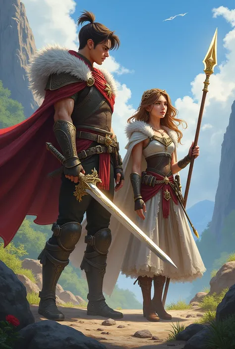 Fantasy art of siblings man with sword and woman with spear with adventurous background 