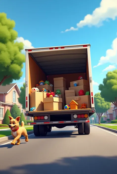 back of an open moving truck with boxes and toys on display.  wood sitting in the back of the truck and buzz trying to run after the truck. American suburban street. 