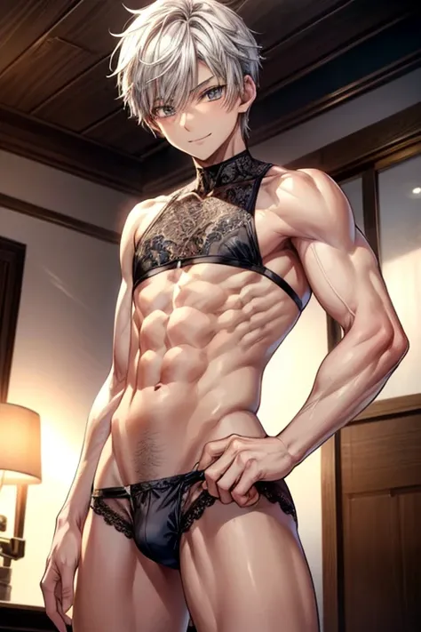 Young man, Scrawny, little muscular, gostoso, gray hair, hairless, wearing lace panties and smiling naughty