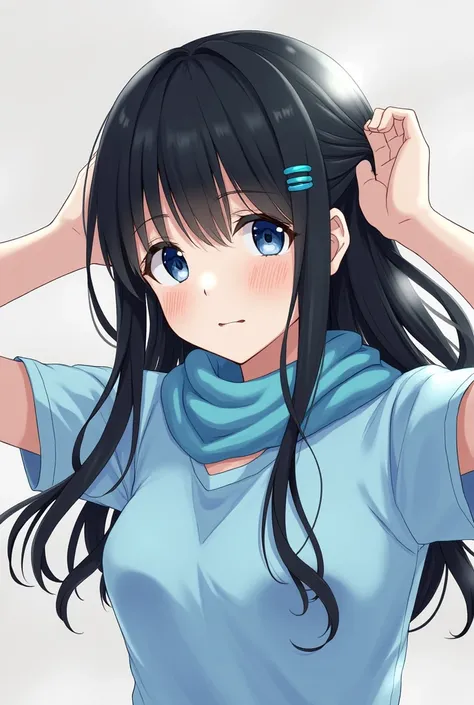 Shortcuts, Black Hair, High resolution, blue eyes, I want to cry, Hair ties, chest,Tie up less hair、Wearing a light blue scarf、Bangs are normal length、Side hair is shoulder length、Fair skin、Young、Both ears are hidden by hair、The ends of the hair are sparse...