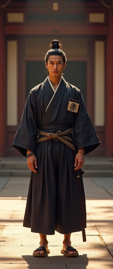 Side view , Full-body  looking at viewer, sole,  Edo Period, standing pose,  stand in an ancient Japanese  palace, Japanese man is  30-age, handsome,(top knot , black hair , Serious), normal body,  (An ancient Samurai wear,  Samurai costume  ), (Haori, Hak...