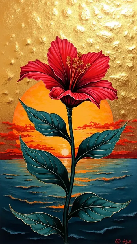 Flower on a gold background with red stamens acrylic with textured paste gilding against the background of the sea and sunset