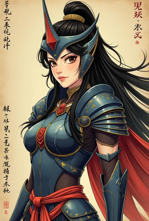 Ukiyo-e style pictures，A very tall female Astarte looking at the camera，She is wearing a gorgeous power armor，The expression is proud and full of fighting spirit.。The whole picture looks very delicate，There are a lot of details。