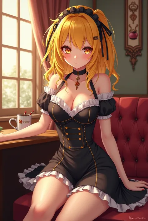 young asian woman with yellow hair in a maid cafe with a slightly sexy anime style maid outfit