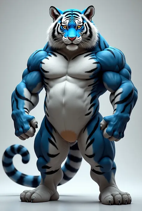 furry type tiger, with the colors white, blue and black, muscular, sexy and with a huge package