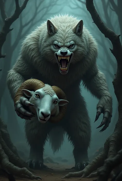 Image of an evil looking wolf holding a sheep mask