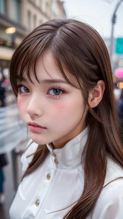 ((Highest quality)), ((masterpiece)), (detailed),  ((Brown hair)), (highschool girl), Beautiful girl, Very Cute Eyes, False eyelashes, (((Watery eye))), (cheek:1.3), (surprised:1.5), Glossy thick lips, shiny white skin, close up face, outside, raining, cro...