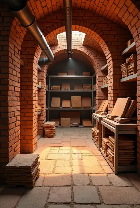 Make a drawing of a room made of refractory bricks. This room will be used to store Roman tiles and ceramic floors., In this room there are ducts that take heat from the main oven that comes through pipes to heat and remove moisture from the tiles and cera...