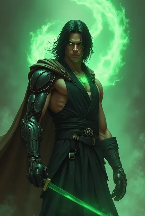 Black hair 511 feet tall Martial Artist wearing sleeveless robes and brown cape with poisonous green eyes emoting dark red aura and have left robotic arm 